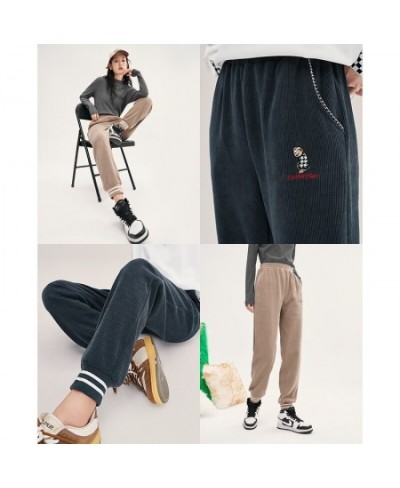 Women Thick Pants 2022 Winter Elastic Waist Straight Loose Trousers Textured Fabric Embroidery Warm Casual Long Pants $53.74 ...