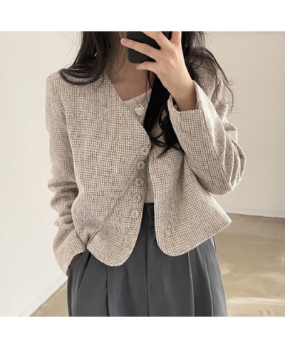 Temperament Slim Retro Simple V Neck Single Breasted Plaid Jacket Short Fashion Long Sleeve Tweed Cardigan Thin Autumn Top $4...