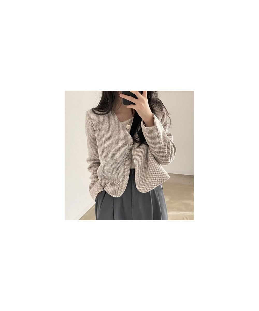 Temperament Slim Retro Simple V Neck Single Breasted Plaid Jacket Short Fashion Long Sleeve Tweed Cardigan Thin Autumn Top $4...