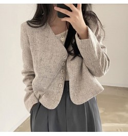 Temperament Slim Retro Simple V Neck Single Breasted Plaid Jacket Short Fashion Long Sleeve Tweed Cardigan Thin Autumn Top $4...