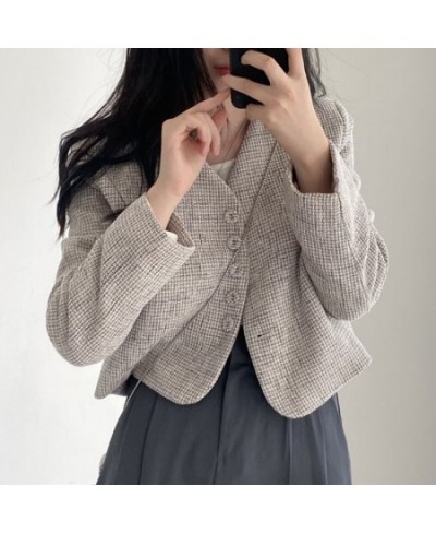 Temperament Slim Retro Simple V Neck Single Breasted Plaid Jacket Short Fashion Long Sleeve Tweed Cardigan Thin Autumn Top $4...