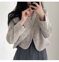 Temperament Slim Retro Simple V Neck Single Breasted Plaid Jacket Short Fashion Long Sleeve Tweed Cardigan Thin Autumn Top $4...