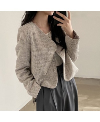 Temperament Slim Retro Simple V Neck Single Breasted Plaid Jacket Short Fashion Long Sleeve Tweed Cardigan Thin Autumn Top $4...