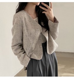 Temperament Slim Retro Simple V Neck Single Breasted Plaid Jacket Short Fashion Long Sleeve Tweed Cardigan Thin Autumn Top $4...