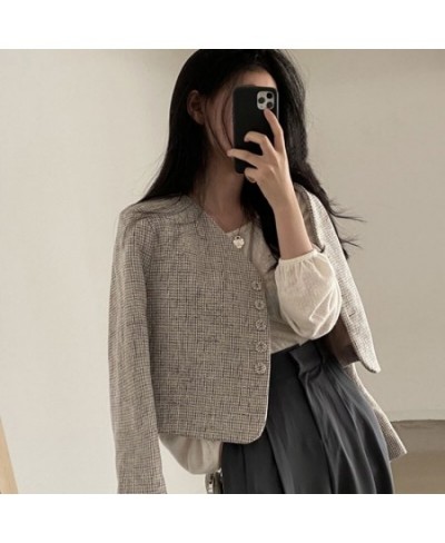 Temperament Slim Retro Simple V Neck Single Breasted Plaid Jacket Short Fashion Long Sleeve Tweed Cardigan Thin Autumn Top $4...