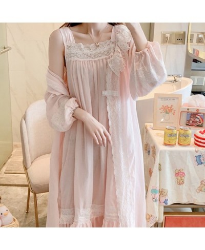 2022 Spring Women Beautiful Pink Nightdress Cotton Loose Two Pieces Nightgown Set Palace Princess Gown Long Sleeve Sleepwear ...