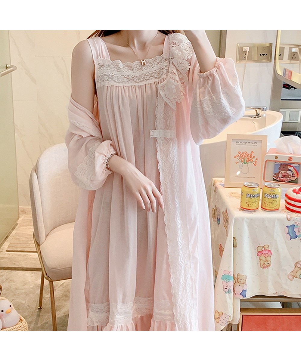 2022 Spring Women Beautiful Pink Nightdress Cotton Loose Two Pieces Nightgown Set Palace Princess Gown Long Sleeve Sleepwear ...