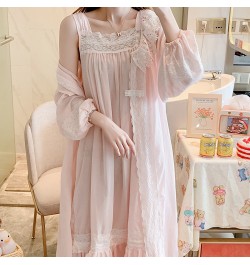 2022 Spring Women Beautiful Pink Nightdress Cotton Loose Two Pieces Nightgown Set Palace Princess Gown Long Sleeve Sleepwear ...