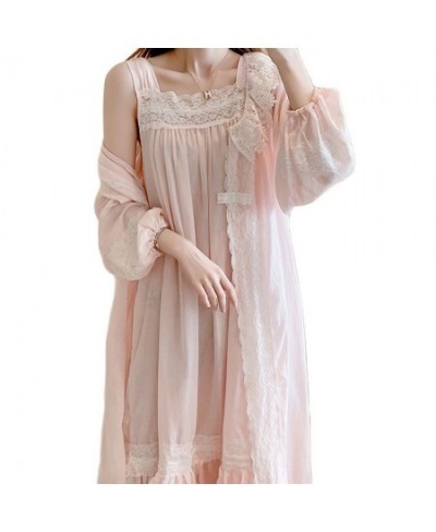 2022 Spring Women Beautiful Pink Nightdress Cotton Loose Two Pieces Nightgown Set Palace Princess Gown Long Sleeve Sleepwear ...