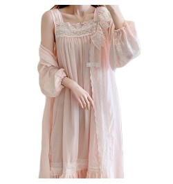 2022 Spring Women Beautiful Pink Nightdress Cotton Loose Two Pieces Nightgown Set Palace Princess Gown Long Sleeve Sleepwear ...