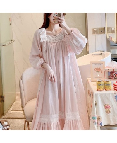 2022 Spring Women Beautiful Pink Nightdress Cotton Loose Two Pieces Nightgown Set Palace Princess Gown Long Sleeve Sleepwear ...