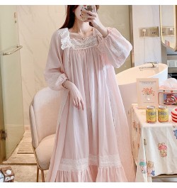 2022 Spring Women Beautiful Pink Nightdress Cotton Loose Two Pieces Nightgown Set Palace Princess Gown Long Sleeve Sleepwear ...