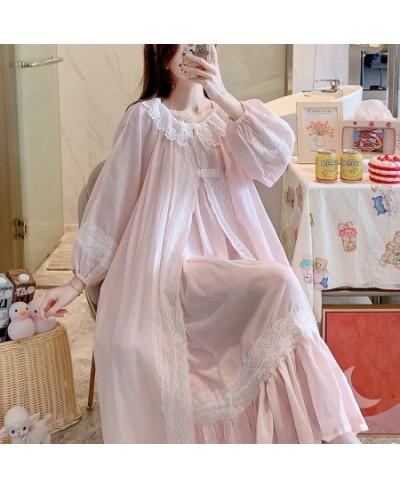 2022 Spring Women Beautiful Pink Nightdress Cotton Loose Two Pieces Nightgown Set Palace Princess Gown Long Sleeve Sleepwear ...