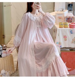 2022 Spring Women Beautiful Pink Nightdress Cotton Loose Two Pieces Nightgown Set Palace Princess Gown Long Sleeve Sleepwear ...