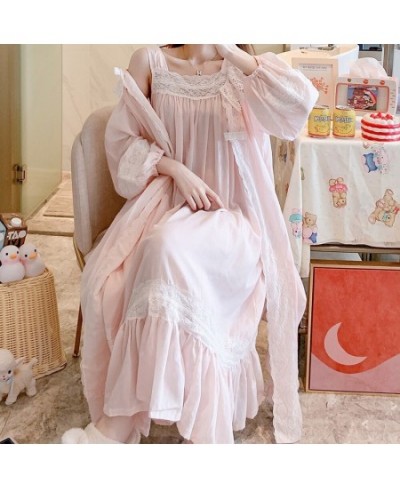 2022 Spring Women Beautiful Pink Nightdress Cotton Loose Two Pieces Nightgown Set Palace Princess Gown Long Sleeve Sleepwear ...