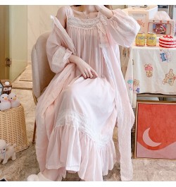 2022 Spring Women Beautiful Pink Nightdress Cotton Loose Two Pieces Nightgown Set Palace Princess Gown Long Sleeve Sleepwear ...