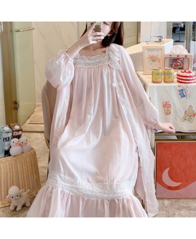 2022 Spring Women Beautiful Pink Nightdress Cotton Loose Two Pieces Nightgown Set Palace Princess Gown Long Sleeve Sleepwear ...