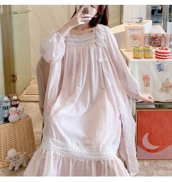 2022 Spring Women Beautiful Pink Nightdress Cotton Loose Two Pieces Nightgown Set Palace Princess Gown Long Sleeve Sleepwear ...