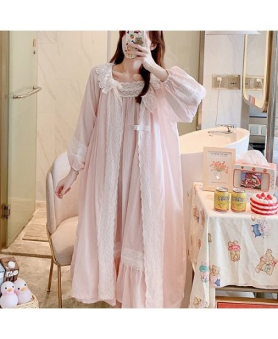 2022 Spring Women Beautiful Pink Nightdress Cotton Loose Two Pieces Nightgown Set Palace Princess Gown Long Sleeve Sleepwear ...