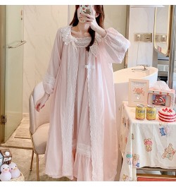 2022 Spring Women Beautiful Pink Nightdress Cotton Loose Two Pieces Nightgown Set Palace Princess Gown Long Sleeve Sleepwear ...