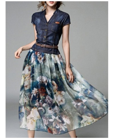 Patchwork Floral Print Dress Women Denim Chiffon Short-sleeve V-neck Bohemia A-line New Fashion Female Casual Maxi Dresses $5...