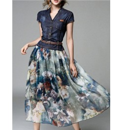 Patchwork Floral Print Dress Women Denim Chiffon Short-sleeve V-neck Bohemia A-line New Fashion Female Casual Maxi Dresses $5...