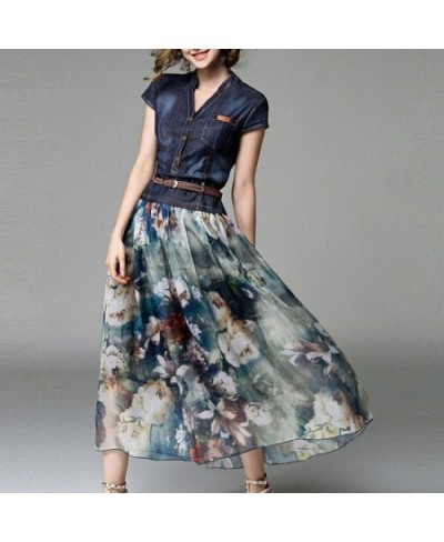 Patchwork Floral Print Dress Women Denim Chiffon Short-sleeve V-neck Bohemia A-line New Fashion Female Casual Maxi Dresses $5...