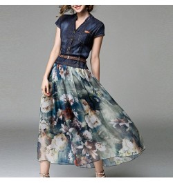 Patchwork Floral Print Dress Women Denim Chiffon Short-sleeve V-neck Bohemia A-line New Fashion Female Casual Maxi Dresses $5...