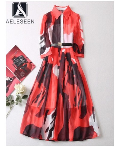 Designer Fashion Women Chiffon Dress Turn-down Collar Contrast Color Print Belt Elegant Long Party Vacation $108.13 - Dresses