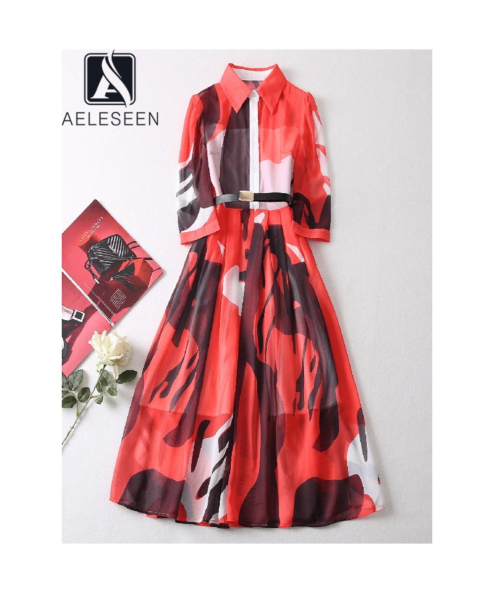 Designer Fashion Women Chiffon Dress Turn-down Collar Contrast Color Print Belt Elegant Long Party Vacation $108.13 - Dresses