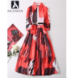 Designer Fashion Women Chiffon Dress Turn-down Collar Contrast Color Print Belt Elegant Long Party Vacation $108.13 - Dresses