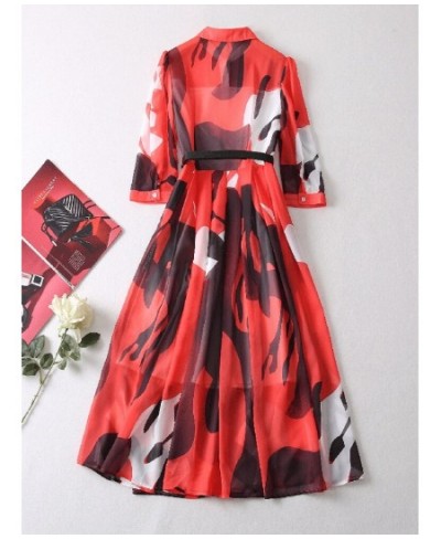 Designer Fashion Women Chiffon Dress Turn-down Collar Contrast Color Print Belt Elegant Long Party Vacation $108.13 - Dresses