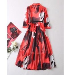 Designer Fashion Women Chiffon Dress Turn-down Collar Contrast Color Print Belt Elegant Long Party Vacation $108.13 - Dresses