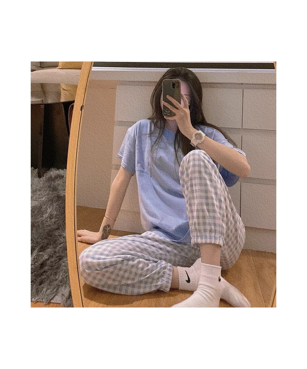 Women's Pajamas Summer Night Trouser Suits Pyjamas Korean Style Clothing Sets Grid Pijamas Homewear Sleepwear Nightwear $31.0...