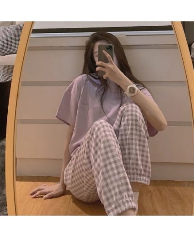 Women's Pajamas Summer Night Trouser Suits Pyjamas Korean Style Clothing Sets Grid Pijamas Homewear Sleepwear Nightwear $31.0...