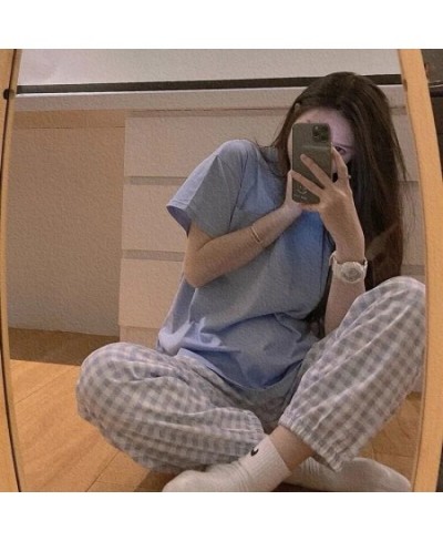 Women's Pajamas Summer Night Trouser Suits Pyjamas Korean Style Clothing Sets Grid Pijamas Homewear Sleepwear Nightwear $31.0...