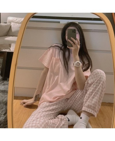 Women's Pajamas Summer Night Trouser Suits Pyjamas Korean Style Clothing Sets Grid Pijamas Homewear Sleepwear Nightwear $31.0...