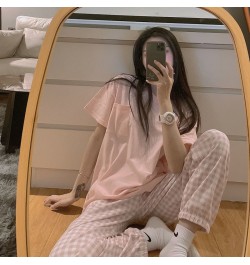 Women's Pajamas Summer Night Trouser Suits Pyjamas Korean Style Clothing Sets Grid Pijamas Homewear Sleepwear Nightwear $31.0...