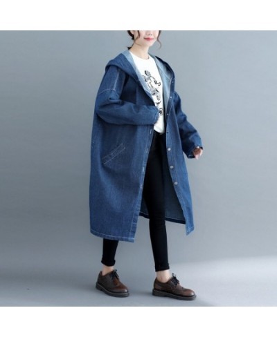 Loose Jeans Windbreaker Solid Hooded Overcoats 2023 Korean Spring Fall Women's Retro Long Sleeve Denim Trench Coats Large Siz...