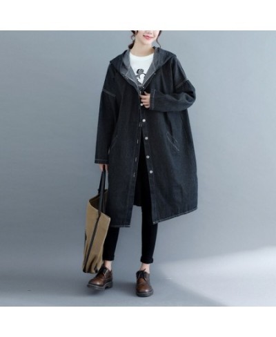 Loose Jeans Windbreaker Solid Hooded Overcoats 2023 Korean Spring Fall Women's Retro Long Sleeve Denim Trench Coats Large Siz...