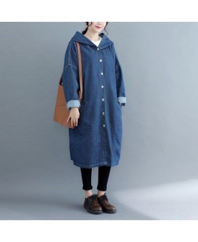 Loose Jeans Windbreaker Solid Hooded Overcoats 2023 Korean Spring Fall Women's Retro Long Sleeve Denim Trench Coats Large Siz...