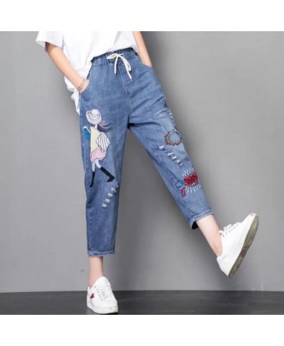 Women’S High Waist Lace Up Jeans Fashion Embroidery Ripped Harem Pants Large Size 100Kg Mom Loose Ankle Length Straight $48.9...