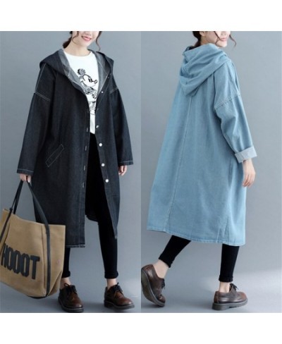 Loose Jeans Windbreaker Solid Hooded Overcoats 2023 Korean Spring Fall Women's Retro Long Sleeve Denim Trench Coats Large Siz...