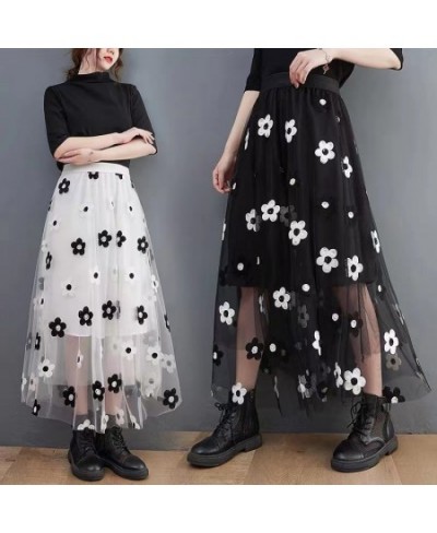 Long Midi Elegant Skirt Women Embroidery Flower Mesh Skirts 2022 New Korean Style Jupes Japanese Sweet Saia Feminina $76.42 -...