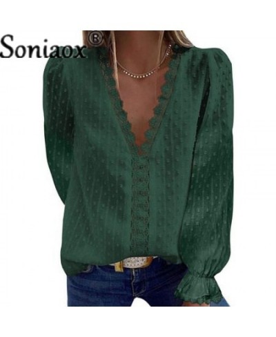 Autumn Fashion Deep V Neck Loose Chiffon Shirt Women Solid Color Jacquard Sweet Female Blouse Casual Splicing Hollow Lace Top...