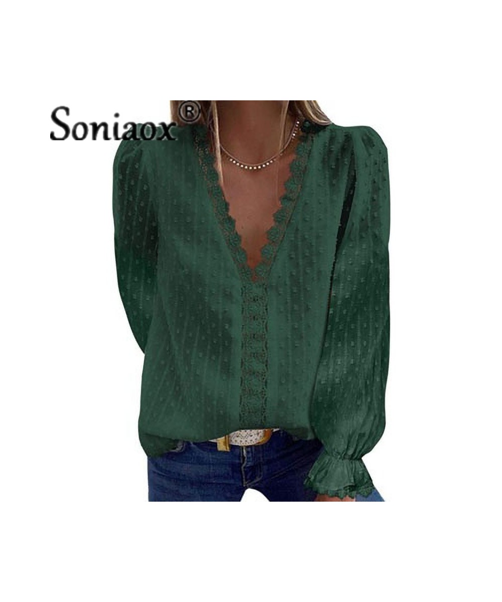 Autumn Fashion Deep V Neck Loose Chiffon Shirt Women Solid Color Jacquard Sweet Female Blouse Casual Splicing Hollow Lace Top...