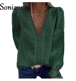 Autumn Fashion Deep V Neck Loose Chiffon Shirt Women Solid Color Jacquard Sweet Female Blouse Casual Splicing Hollow Lace Top...