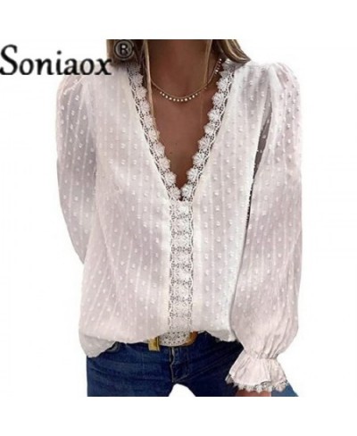 Autumn Fashion Deep V Neck Loose Chiffon Shirt Women Solid Color Jacquard Sweet Female Blouse Casual Splicing Hollow Lace Top...