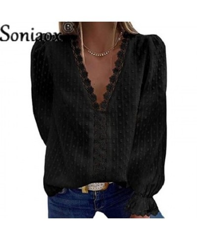 Autumn Fashion Deep V Neck Loose Chiffon Shirt Women Solid Color Jacquard Sweet Female Blouse Casual Splicing Hollow Lace Top...