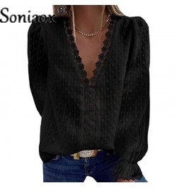 Autumn Fashion Deep V Neck Loose Chiffon Shirt Women Solid Color Jacquard Sweet Female Blouse Casual Splicing Hollow Lace Top...